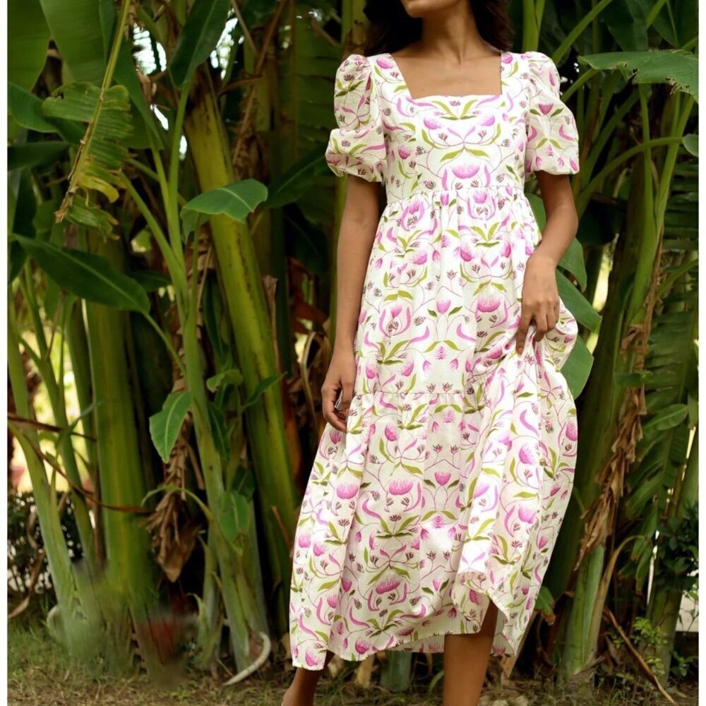 Monsoon & Beyond 1919 Estella Mongrove Pink Floral Puff Sleeve Midi Dress Size L